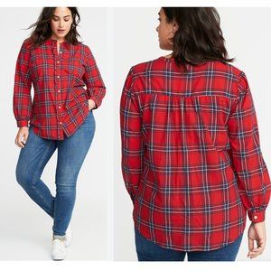 Old Navy Red Blue Plaid Tartan Ruffle Button Trim Long Sleeve Shirt zXL